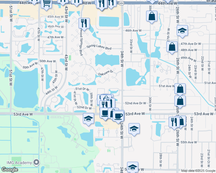 map of restaurants, bars, coffee shops, grocery stores, and more near 3429 51st Avenue Circle West in Bradenton