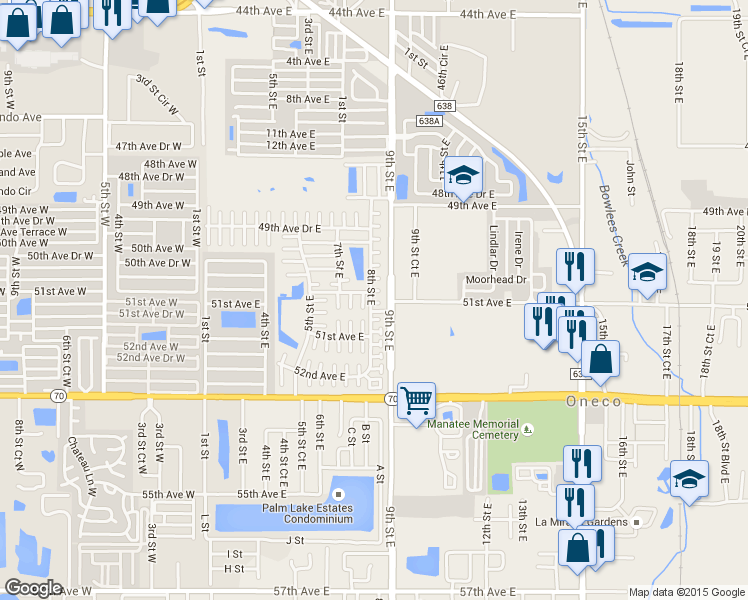 map of restaurants, bars, coffee shops, grocery stores, and more near 802 50th B Avenue East in Bradenton