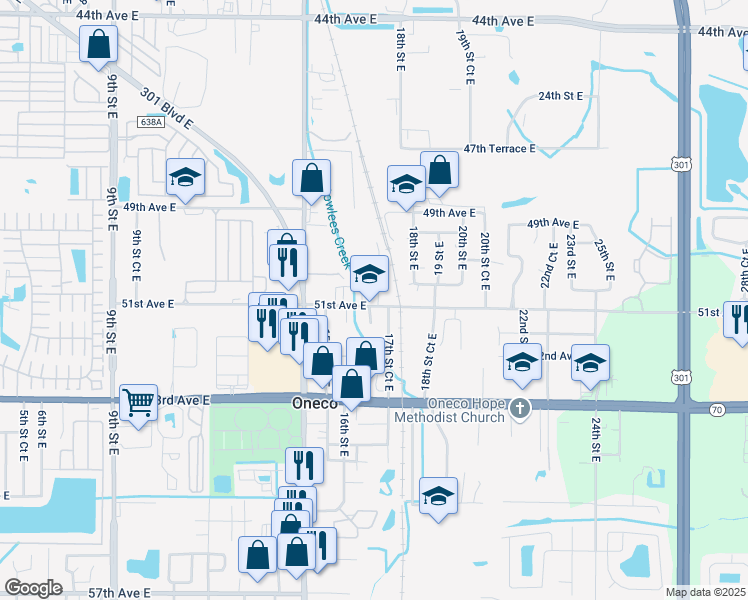 map of restaurants, bars, coffee shops, grocery stores, and more near 1627 51st Avenue East in Bradenton