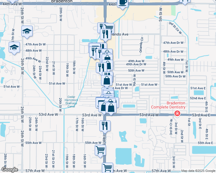 map of restaurants, bars, coffee shops, grocery stores, and more near 5105 14th Street West in Bradenton