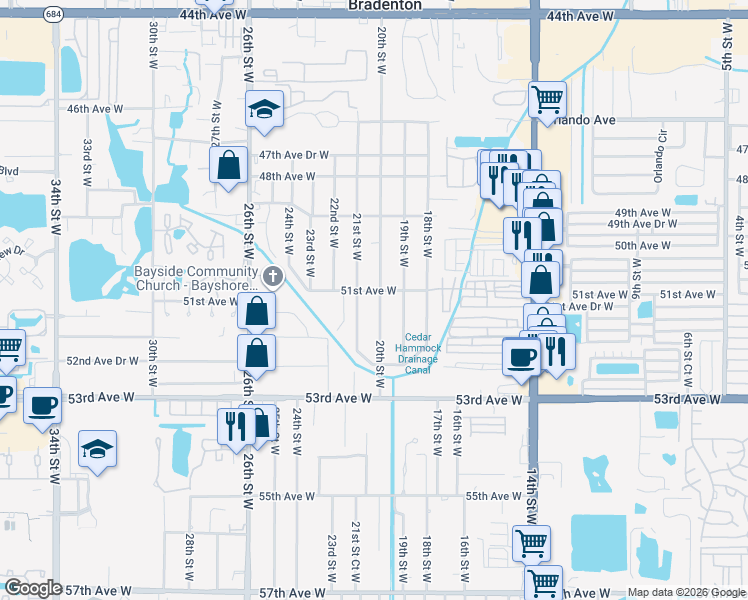 map of restaurants, bars, coffee shops, grocery stores, and more near 5104 20th Street West in Bradenton