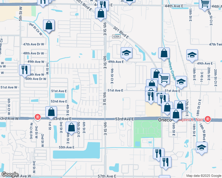 map of restaurants, bars, coffee shops, grocery stores, and more near 5028 9th Street Court East in Bradenton