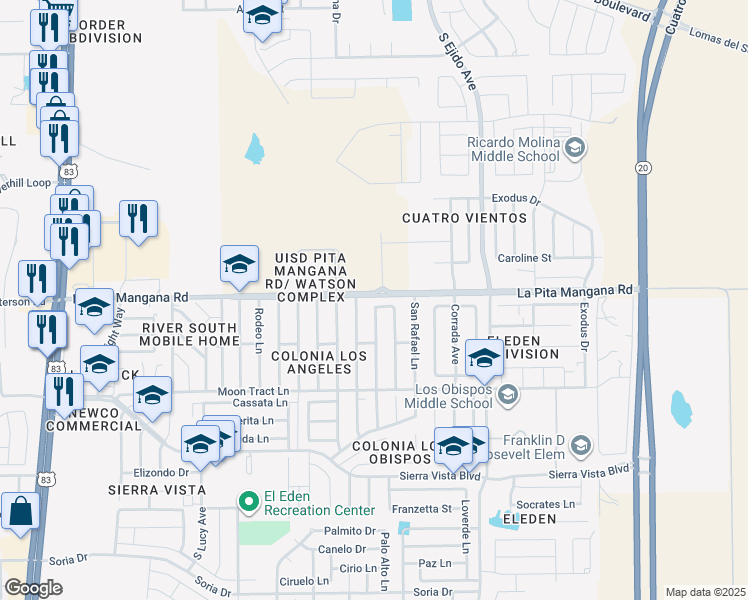 map of restaurants, bars, coffee shops, grocery stores, and more near 4564 Santa Anita Loop in Laredo