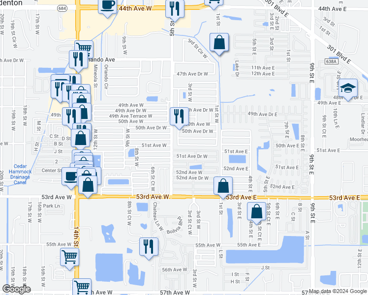 map of restaurants, bars, coffee shops, grocery stores, and more near 404 50th Avenue Terrace West in Bradenton
