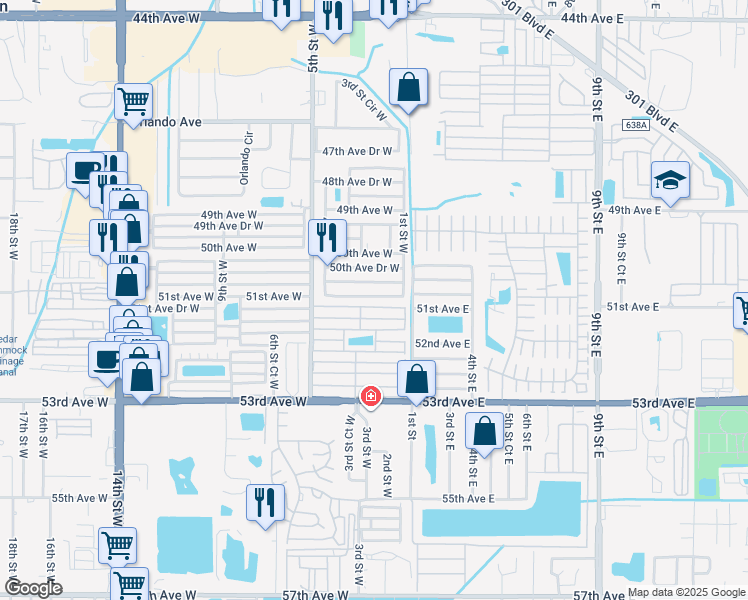 map of restaurants, bars, coffee shops, grocery stores, and more near 206 50th Avenue Terrace West in Bradenton