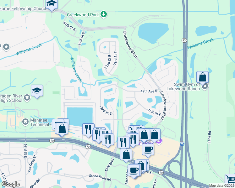 map of restaurants, bars, coffee shops, grocery stores, and more near 4921 72nd Court East in Bradenton