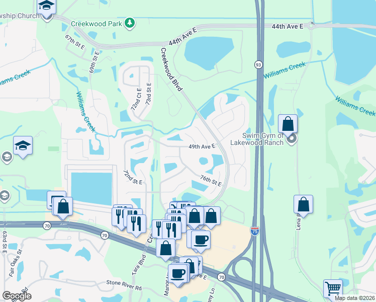 map of restaurants, bars, coffee shops, grocery stores, and more near 7614 49th Avenue East in Bradenton