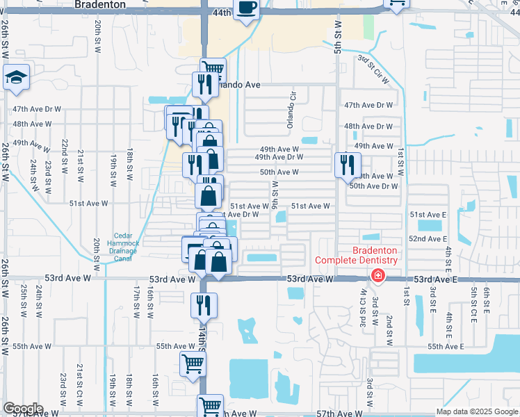 map of restaurants, bars, coffee shops, grocery stores, and more near 916 51st Avenue West in Bradenton