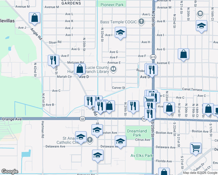map of restaurants, bars, coffee shops, grocery stores, and more near 3106 Avenue C in Fort Pierce