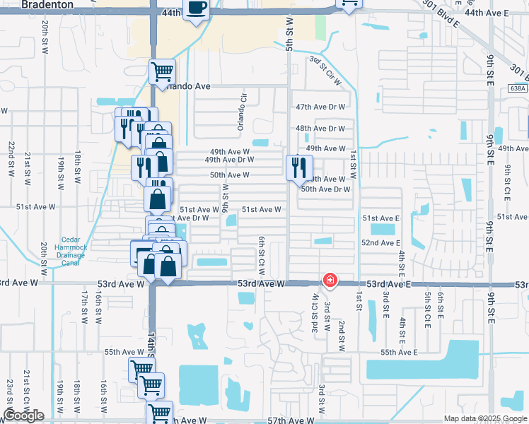 map of restaurants, bars, coffee shops, grocery stores, and more near 618 51st Avenue West in Bradenton