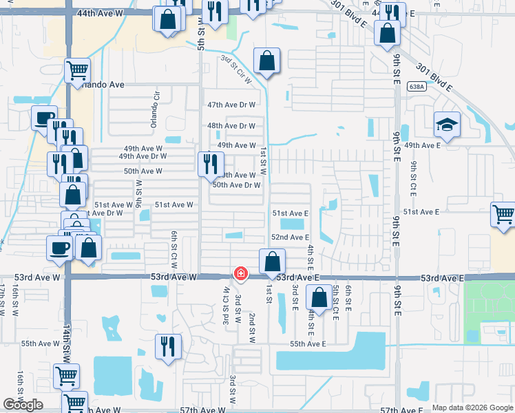 map of restaurants, bars, coffee shops, grocery stores, and more near 103 51st Avenue West in Bradenton