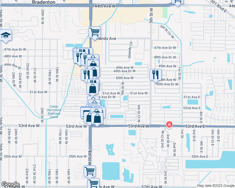 map of restaurants, bars, coffee shops, grocery stores, and more near 916 51st Avenue West in Bradenton