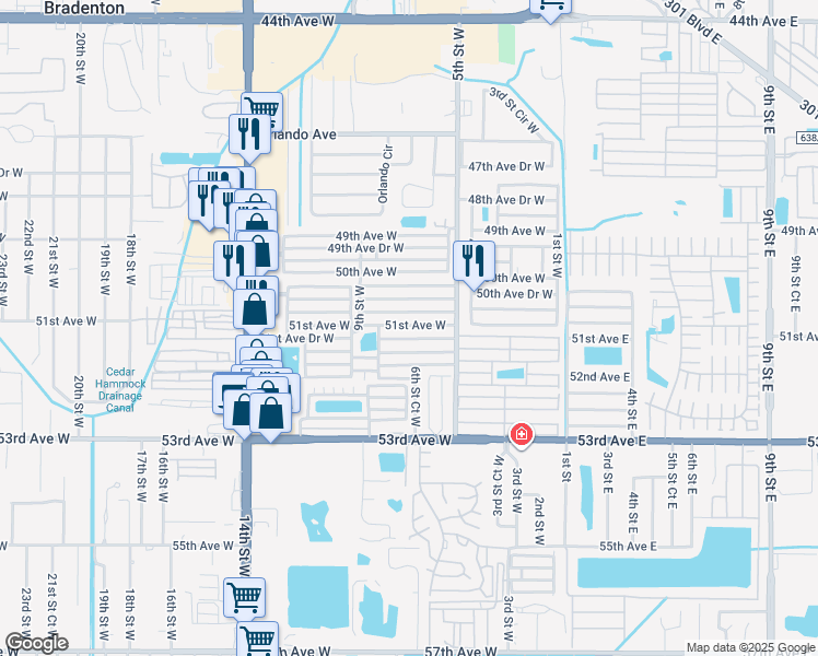 map of restaurants, bars, coffee shops, grocery stores, and more near 618 51st Avenue West in Bradenton