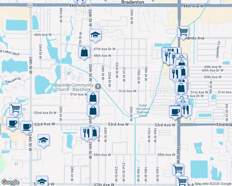 map of restaurants, bars, coffee shops, grocery stores, and more near 2202 51st Avenue West in Bradenton