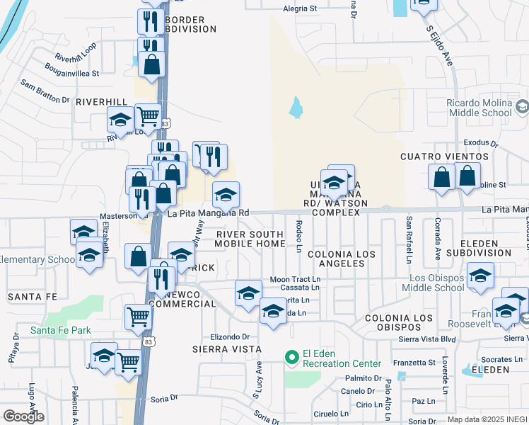 map of restaurants, bars, coffee shops, grocery stores, and more near 2710 La Pita Mangana Road in Laredo