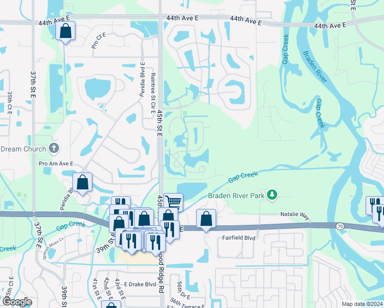 map of restaurants, bars, coffee shops, grocery stores, and more near 4549 Runabout Way in Bradenton