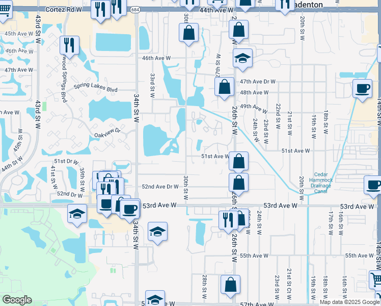 map of restaurants, bars, coffee shops, grocery stores, and more near 101 Water Oak Drive in Bradenton