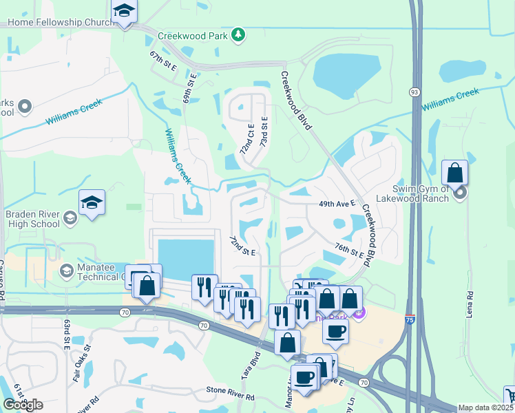 map of restaurants, bars, coffee shops, grocery stores, and more near 4921 72nd Court East in Bradenton