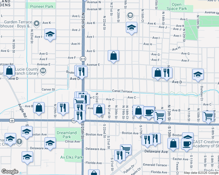 map of restaurants, bars, coffee shops, grocery stores, and more near 419 North 21st Street in Fort Pierce