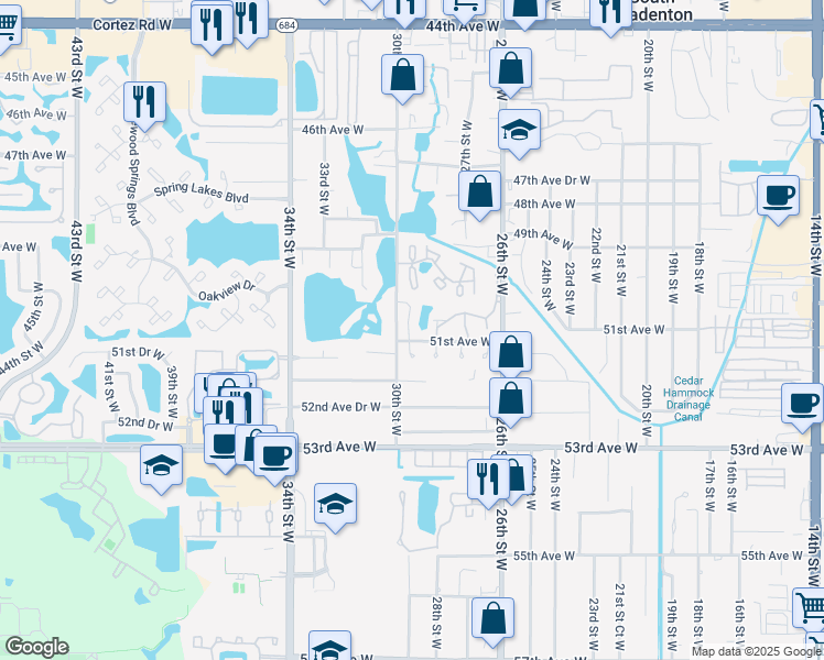 map of restaurants, bars, coffee shops, grocery stores, and more near 5026 Water Oak Drive in Bradenton