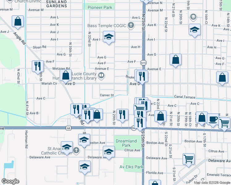 map of restaurants, bars, coffee shops, grocery stores, and more near 416 North 29th Street in Fort Pierce
