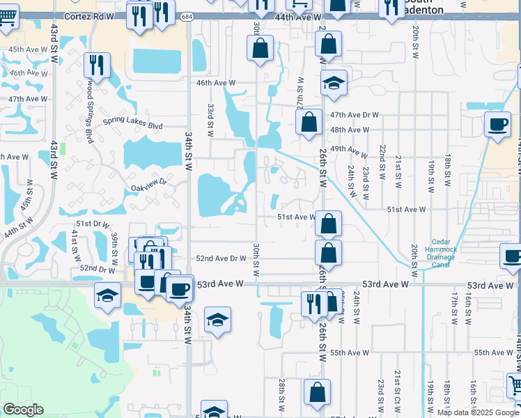 map of restaurants, bars, coffee shops, grocery stores, and more near 101 Water Oak Drive in Bradenton