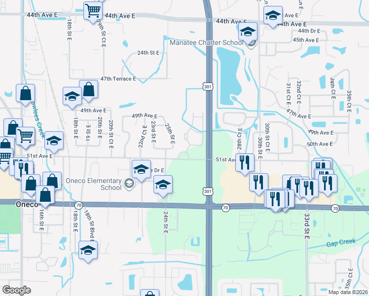 map of restaurants, bars, coffee shops, grocery stores, and more near 2423 51st Avenue East in Bradenton