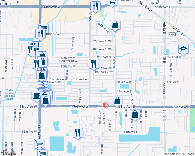map of restaurants, bars, coffee shops, grocery stores, and more near 404 50th Avenue Terrace West in Bradenton
