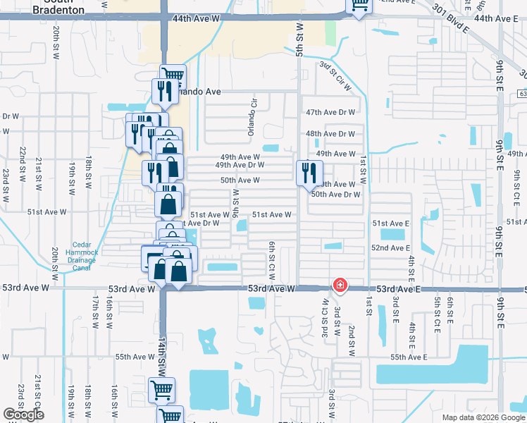 map of restaurants, bars, coffee shops, grocery stores, and more near 618 51st Avenue West in Bradenton