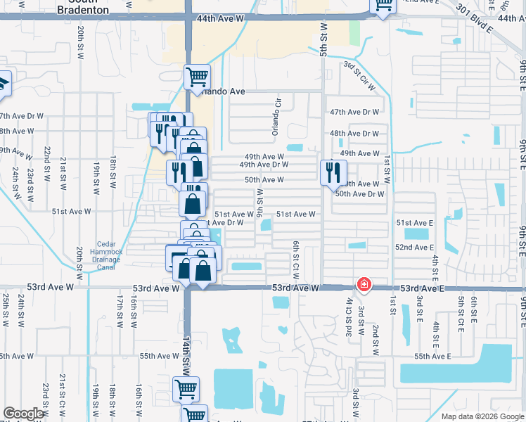 map of restaurants, bars, coffee shops, grocery stores, and more near 810 51st Avenue West in Bradenton