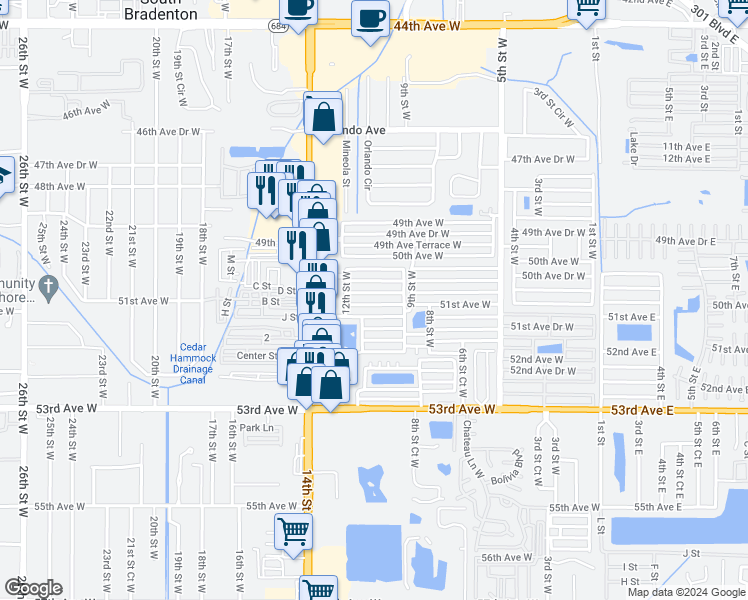 map of restaurants, bars, coffee shops, grocery stores, and more near 916 51st Avenue West in Bradenton