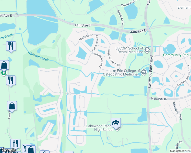 map of restaurants, bars, coffee shops, grocery stores, and more near 4940 Tobermory Way in Bradenton