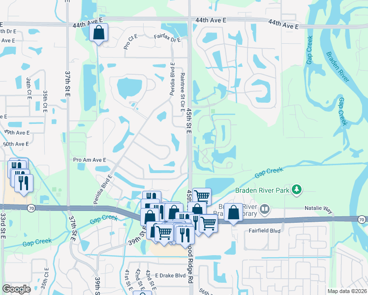 map of restaurants, bars, coffee shops, grocery stores, and more near 5080 Kilty Court East in Bradenton