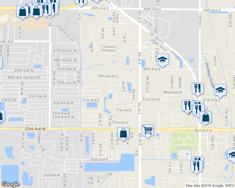 map of restaurants, bars, coffee shops, grocery stores, and more near 599 49th East Avenue in Bradenton