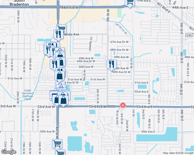 map of restaurants, bars, coffee shops, grocery stores, and more near 618 51st Avenue West in Bradenton
