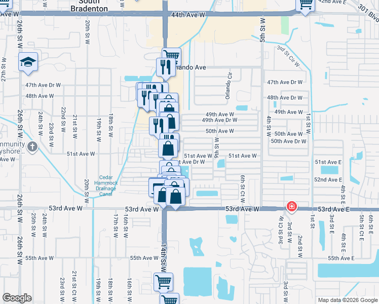 map of restaurants, bars, coffee shops, grocery stores, and more near 1110 51st Avenue West in Bradenton