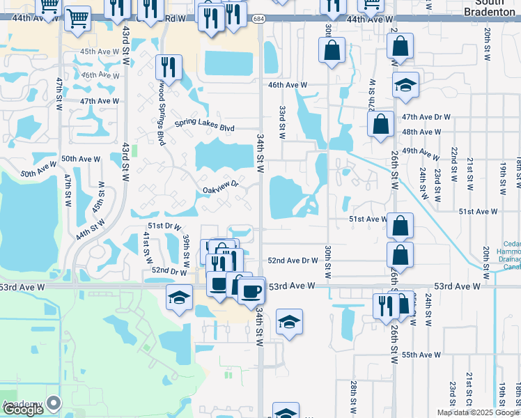 map of restaurants, bars, coffee shops, grocery stores, and more near 5105 34th Street West in Bradenton