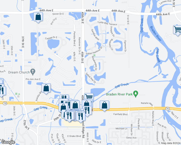 map of restaurants, bars, coffee shops, grocery stores, and more near 4526 Runabout Way in Bradenton