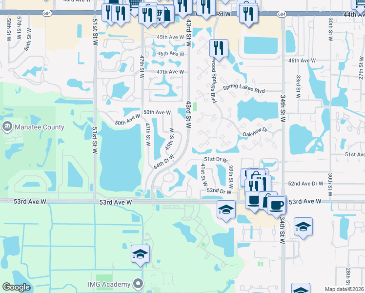 map of restaurants, bars, coffee shops, grocery stores, and more near 5023 44th Street West in Bradenton