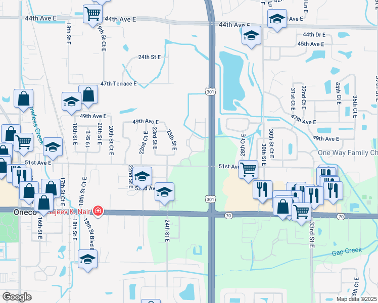 map of restaurants, bars, coffee shops, grocery stores, and more near 2423 51st Avenue East in Bradenton