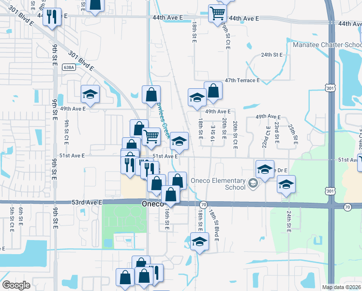map of restaurants, bars, coffee shops, grocery stores, and more near 1627 51st Avenue East in Bradenton