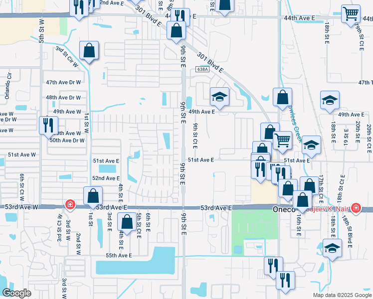 map of restaurants, bars, coffee shops, grocery stores, and more near 5028 9th Street Court East in Bradenton