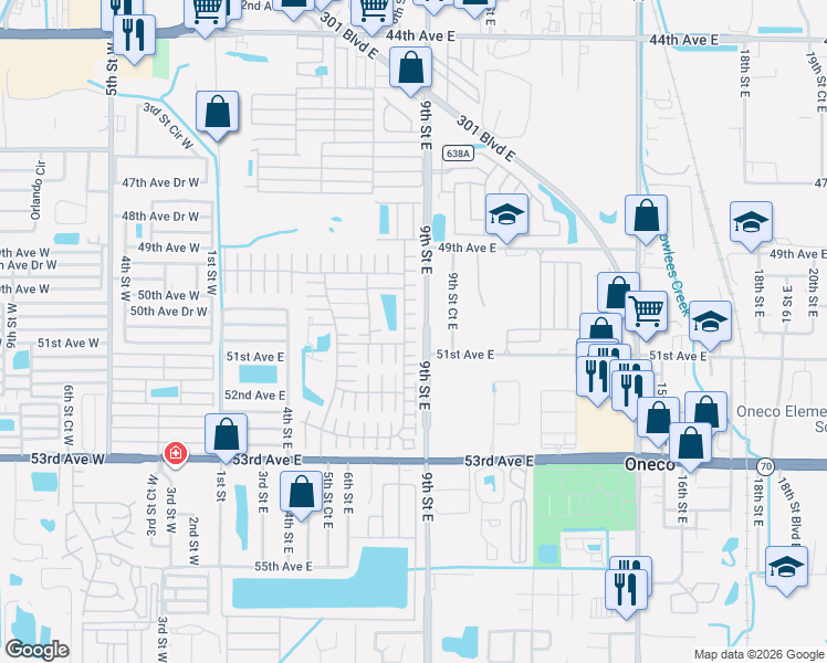 map of restaurants, bars, coffee shops, grocery stores, and more near 802 50th B Avenue East in Bradenton
