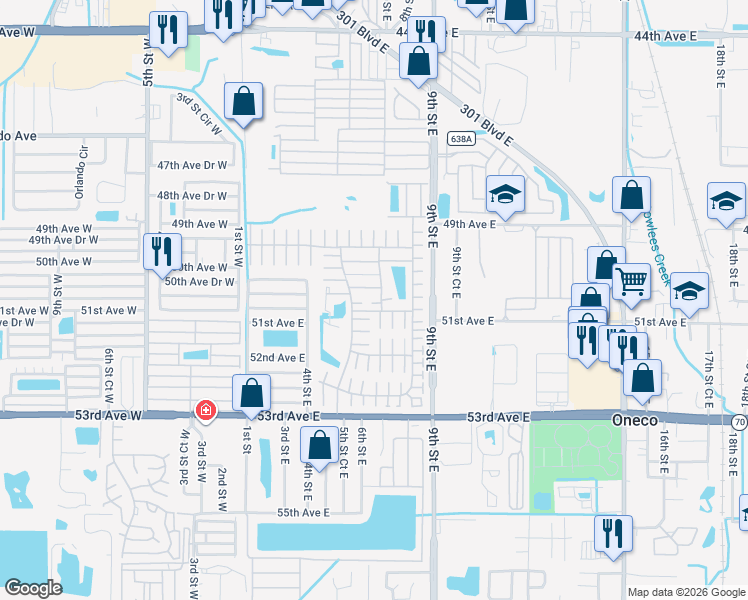 map of restaurants, bars, coffee shops, grocery stores, and more near 5001 6th D Street East in Bradenton