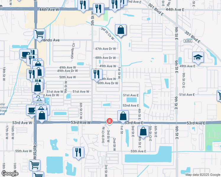 map of restaurants, bars, coffee shops, grocery stores, and more near 206 50th Avenue Terrace West in Bradenton