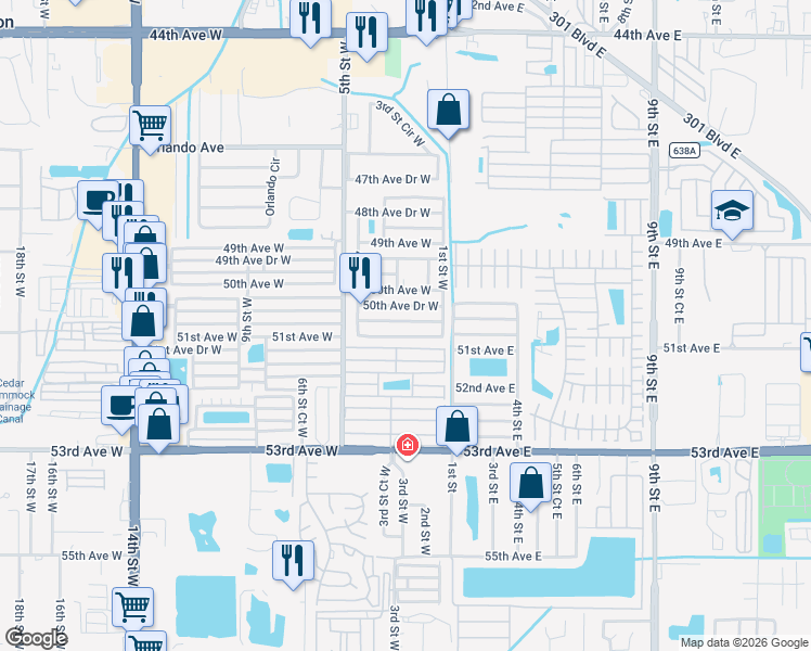 map of restaurants, bars, coffee shops, grocery stores, and more near 206 50th Avenue Terrace West in Bradenton