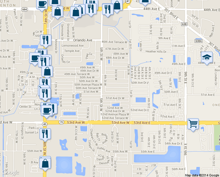 map of restaurants, bars, coffee shops, grocery stores, and more near 404 50th Avenue Terrace West in Bradenton