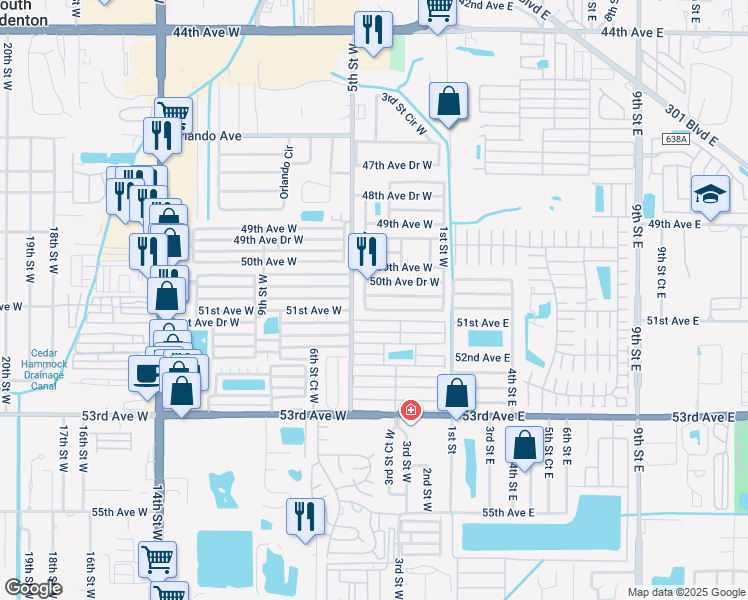 map of restaurants, bars, coffee shops, grocery stores, and more near 404 50th Avenue Terrace West in Bradenton