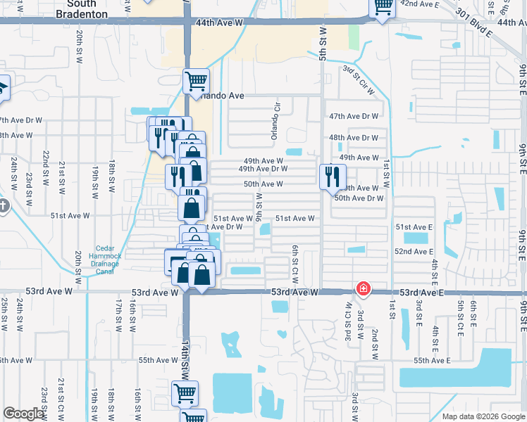 map of restaurants, bars, coffee shops, grocery stores, and more near 810 51st Avenue West in Bradenton