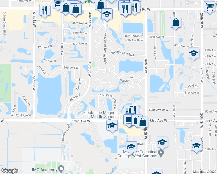 map of restaurants, bars, coffee shops, grocery stores, and more near 4001 51st Drive West in Bradenton